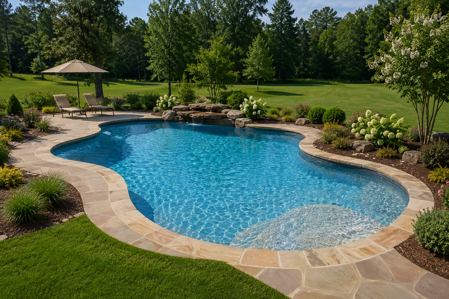 The Classic — vinyl liner inground pool with custom natural stone edging by True South Pools