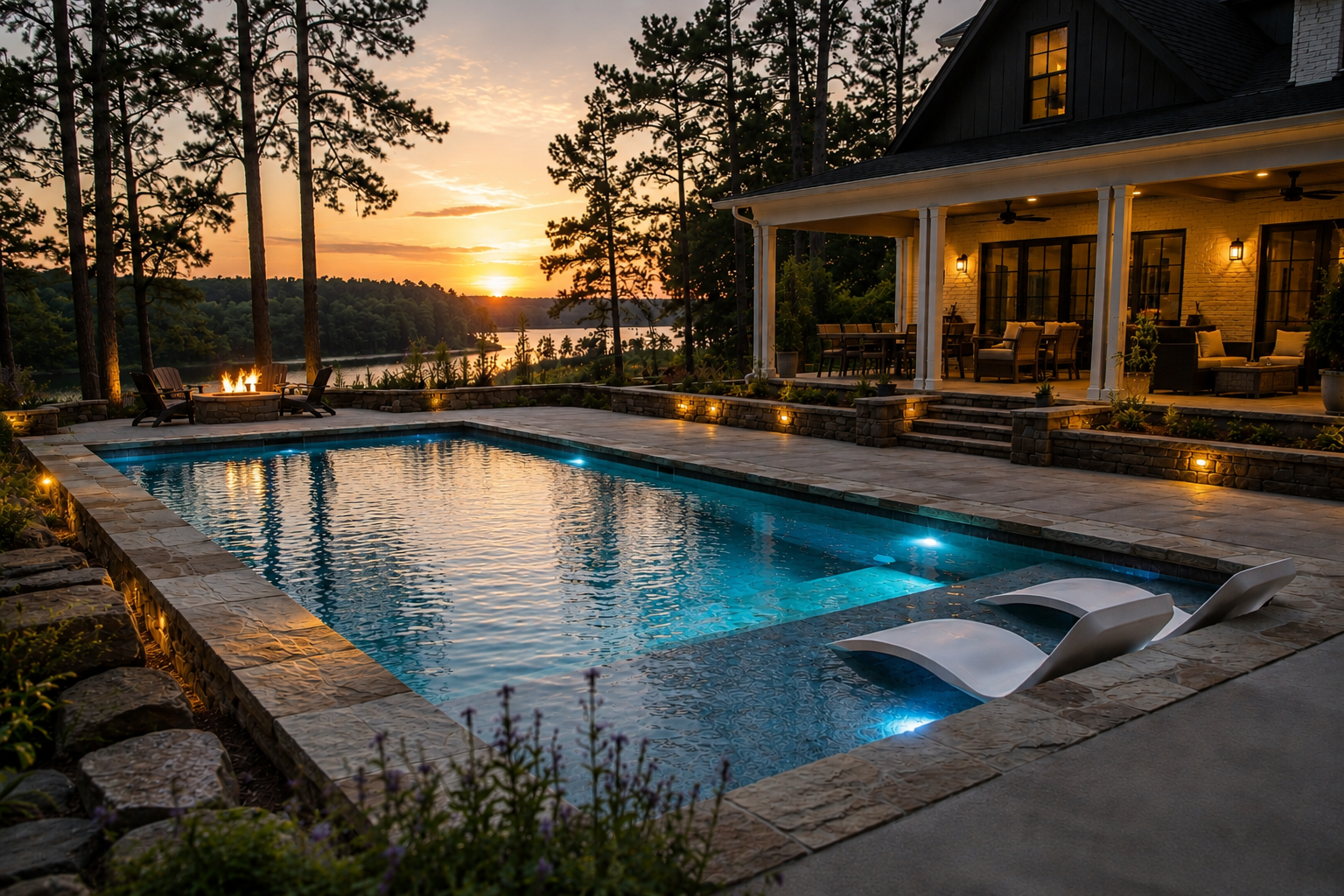 The Signature — fiberglass inground pool with built-in tanning ledge and natural stone edging by True South Pools